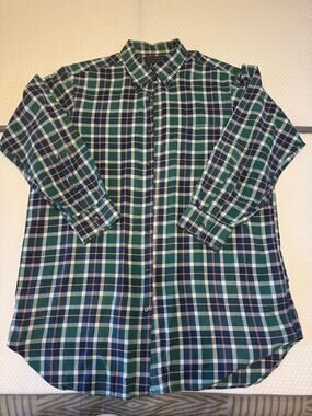 Tom James Executive Collection Shirt Large Custom Tailored Green Plaid Button Up